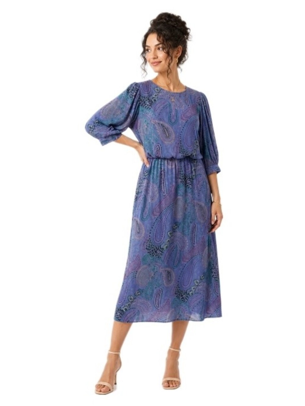 Just In Thyme Paisley Chiffon Dress Blue Purple Blouson Sleeve Boho Vintage